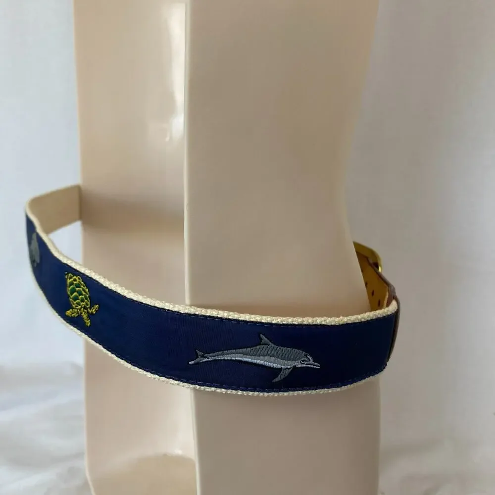 Canterbury Belt Men 30 Woven Embroidered Canvas Nautical Tropical Sea Life Brown
